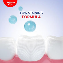 Colgate PerioGard low-staining mouthwash graphic with tooth icons and bubbles