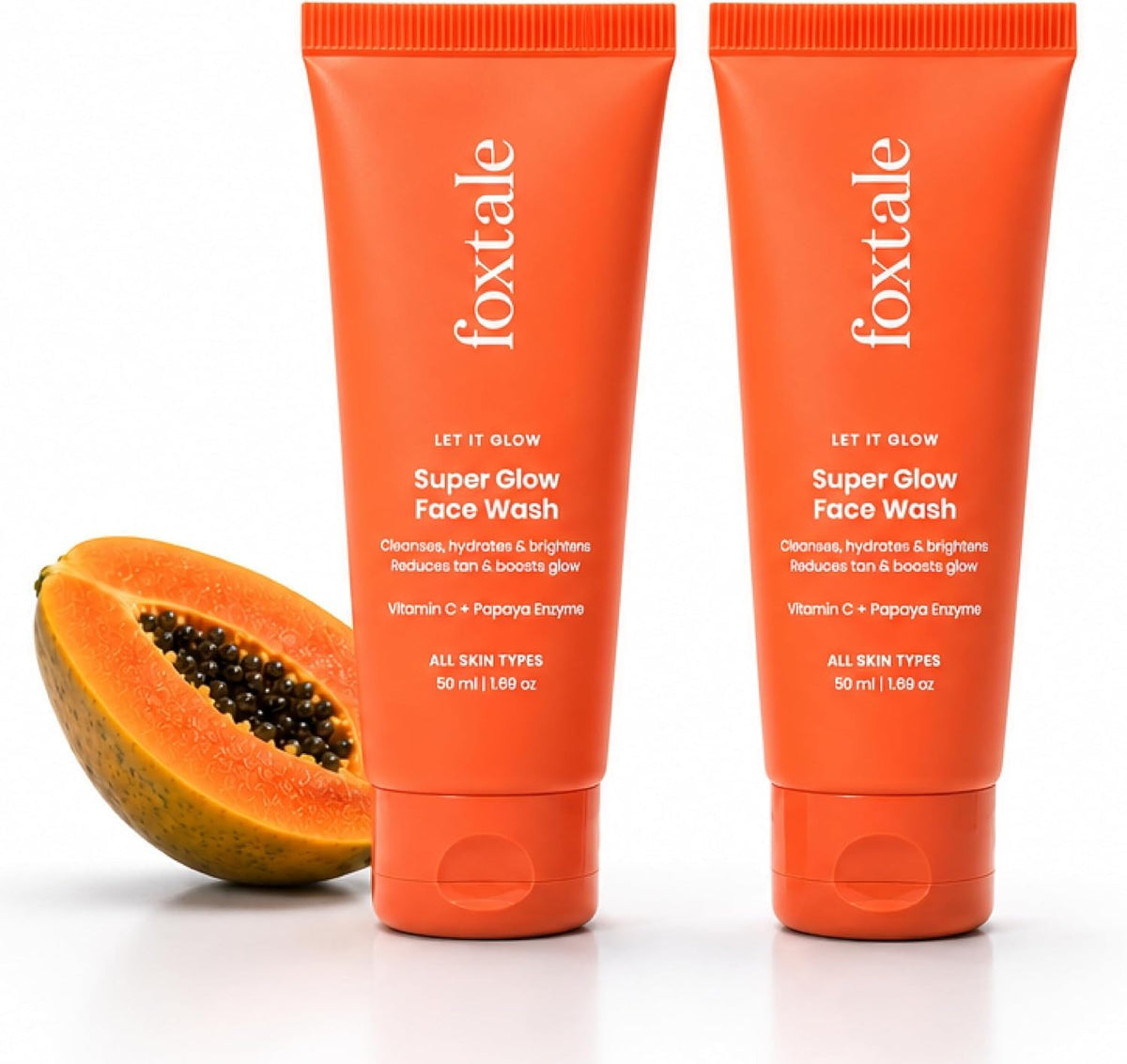 Foxtale Vitamin C Super Glow Face Wash with Papaya Enzyme – Brightening & Tan Care Face Cleanser, Gently Exfoliates, Helps Reduce Pigmentation, For Men & Women, 2 × 100 ml