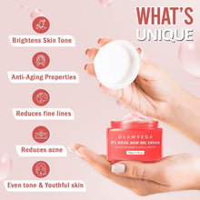 Glamveda 2% Kojic Acid Gel Cream mini jar held open with white cream inside