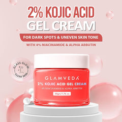 Glamveda 2% Kojic Acid Gel Cream with Niacinamide & Alpha Arbutin | Brightens Skin & Reduces Pigmentation | Fades Dark Spots & Acne Scars | For All Skin Types