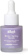 Better Aging serum bottle with dropper, purple liquid, Vilvah Store label
