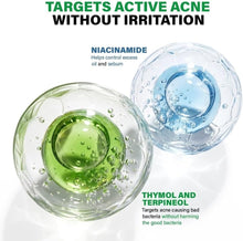 Acne spot corrector active ingredients bubbles with green and blue gel drops