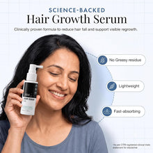 Hair growth serum bottle with white pump held by a smiling woman