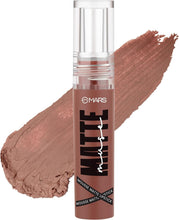 Matte mousse lipstick tube with matte nude-brown lip swatch and silver cap