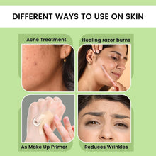 Aloe vera gel skin care infographic with acne, razor burn healing, and wrinkle reduction
