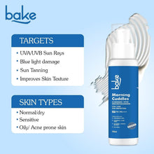 Niacinamide sunscreen bottle with BAKE Morning Cuddles branding