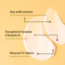 Lip balm ingredient graphic with soy milk extract, vitamin E, mineral UV filters
