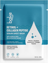 BAKE retinol-collagen peptide serum sheet mask, front pouch with icons