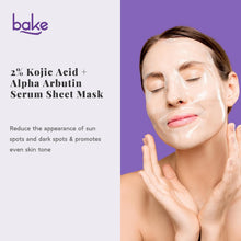 2% kojic acid + alpha arbutin serum sheet mask pouch, BAKE, with model face application