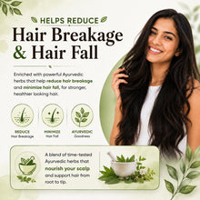 Woman holding cup of herbal hair powder blend with leafy herbs and red hibiscus flower