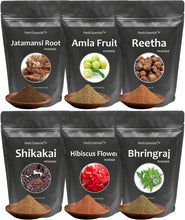 Six black herb powder pouches: Jatamansi, Amla, Reetha, Shikakai, Hibiscus, Bhringraj