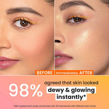 Before-and-after close-up showing a dewy, glowing golden finish.