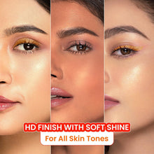 Close-up of golden shimmer highlighter on eyes and cheeks, soft shine finish.