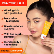 Sunlit Gold strobe cream tube near face, for moisturized highlighted glow.
