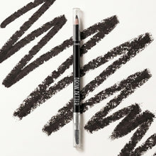 Black eyebrow pencil with spoolie and dark brow swatches on skin