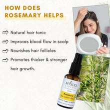 Hair growth serum bottle with rosemary sprig and Mystiq Living label, black pump