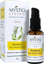 Rosemary hair growth serum bottle with black pump, amber glass, Mystiq Living label