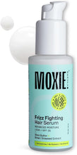 Moxie frizz-fighting hair serum bottle, teal-and-white label with SPF 35 logo