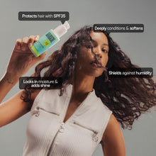 Moxie SPF 35 hair serum bottle with model hair styling benefit callouts