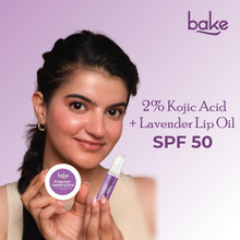 BAKE lavender lip balm oil SPF 50, small purple tube held upright