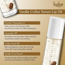 BAKE Vanilla Coffee lip oil serum in clear tube with white cap and gold liquid
