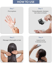 Hair coloring shampoo, Natural Black: hands pumping and spreading dark liquid