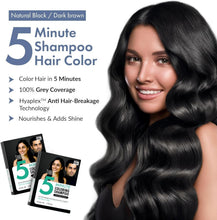 Natural Black 5-Minute Hair Color shampoo box and woman with dark, glossy hair