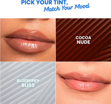 Glossy lip balm tint shades shown in four close-up panels