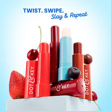 Assorted Dot & Key lip balm tubes with berries and strawberries, turquoise and red shades