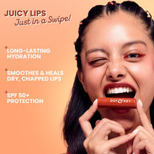 Cocoa nude tinted SPF 50 lip balm near lips, with glossy tinted shine