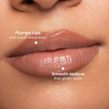 Cocoa nude tinted SPF 50 lip balm on lips with smooth, glossy finish