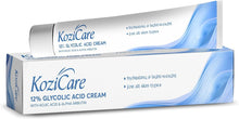 Glycolic acid face cream tube resting on white-and-blue product box