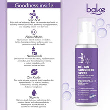 De-tan sunscreen spray bottle with pump and purple label, ingredient panel behind