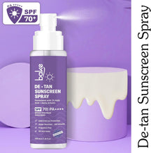 De-tan sunscreen spray bottle with pump, purple label, SPF 70 PA++++