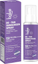 De-tan sunscreen spray bottle with box, purple label and white pump