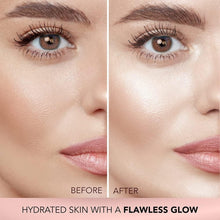 Close-up of hydrated skin with dewy glow, before-and-after makeup effect