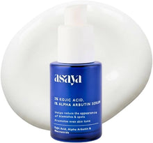 Asaya face serum bottle with white pump, blue label, Kojic Acid and Alpha Arbutin