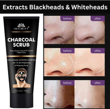 INTIMIFY charcoal scrub tube with before-and-after blackhead results inset