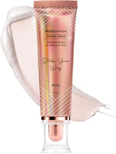 FACESCANADA strobe cream tube in peach with glossy cream swatch on skin