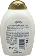 OGX nourishing coconut milk shampoo bottle back, barcode and ingredients text, 385 ml
