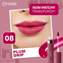 Glossy plum lip tint on lips with applicator wand and bottle