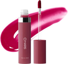 Plum drip lip tint bottle with applicator wand, dark magenta lip-color swatch