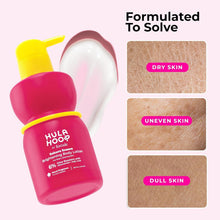 Brightening body lotion bottle with yellow pump and dry, uneven, dull skin formula panels