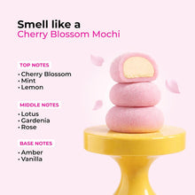 Brightening body lotion bottle on yellow pedestal with pink mochi stack and scent notes
