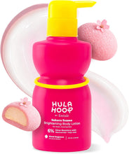 Brightening body lotion bottle with yellow pump and pink bottle, cherry blossom mochi scent