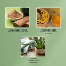 Facial wax powder with ubtan and aloe vera shown with sandalwood, turmeric, and aloe