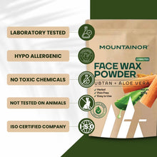 MOUNTAINOR Face Wax Powder Ubtan + Aloe Vera pouch with ingredient and safety icons