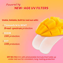 Mango detan gel sunscreen SPF 50+ PA+++ 50g bottle with creamy gel on skin