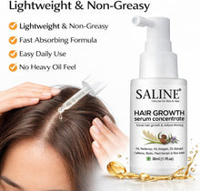 White hair growth serum bottle with pump, SALINE label and rosemary accent graphic