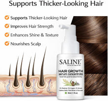 White hair serum bottle with pump labeled for thicker-looking hair and scalp support